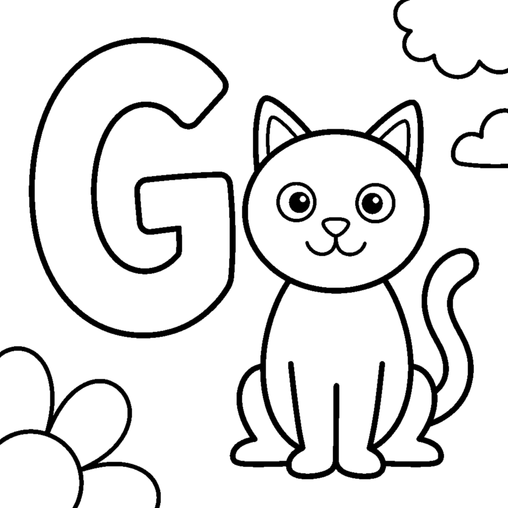 Desenho para colorir: Lettera G e un gatto in una scena allegra