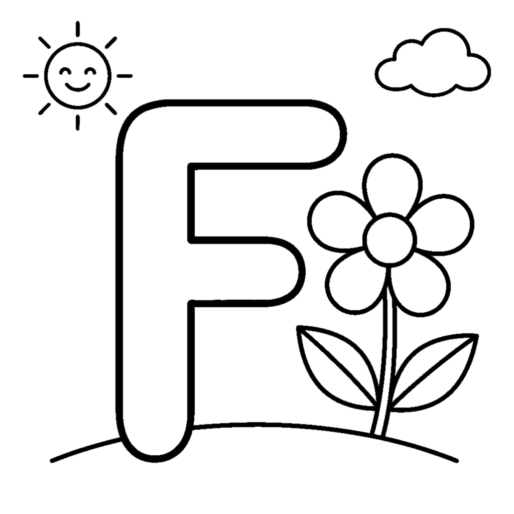 Coloriage Letra F e uma flor numa cena alegre