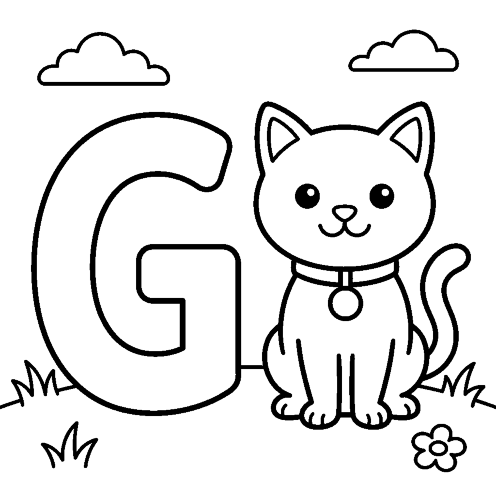 Coloriage Letra G e um gato numa cena alegre