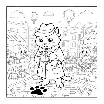 Um Gato Detetive Resolvendo um Mistério em um Mercado de Cidade Movimentado. Página para Colorir