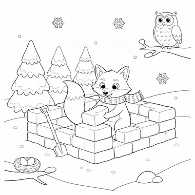 Un zorro astuto construyendo un pequeño fuerte de nieve en un silencioso bosque de invierno. Página para colorear