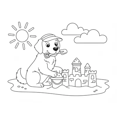 Un Cane che Fa un Castello di Sabbia sulla Spiaggia. Pagina da Colorare