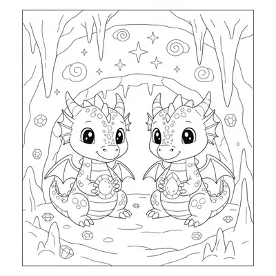 Twin Baby Dragons Gathering Glowing Gems in the Crystal Cave Coloring Page