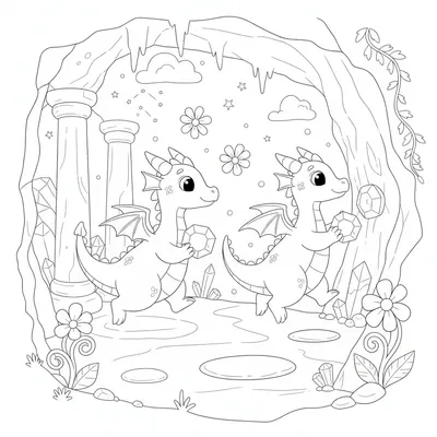 Sweet Twin Dragon Babies in a Starlit Glowing Cave Coloring Page