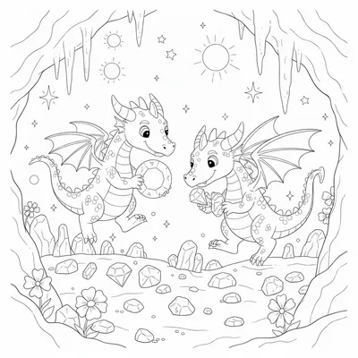 Tiny Twin Dragons Beside a Giant Sparkling Crystal Coloring Page