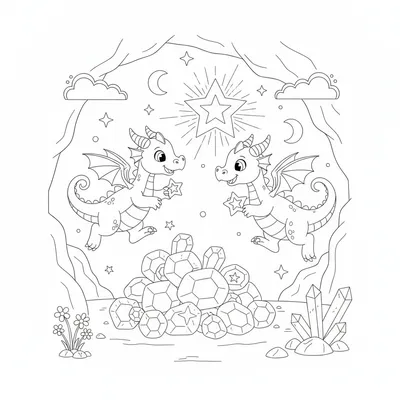 Twin Dragon Siblings Sharing a Basket of Shiny Jewels Coloring Page