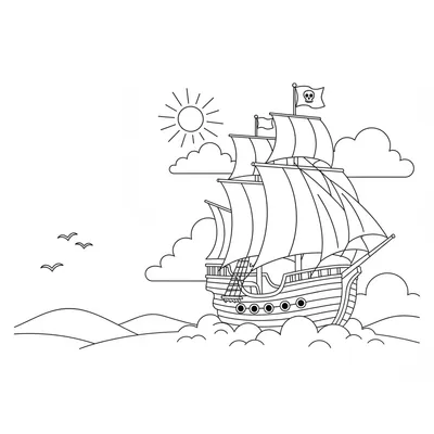 Bateau Volant au-dessus des Nuages avec les Oiseaux Coloriage