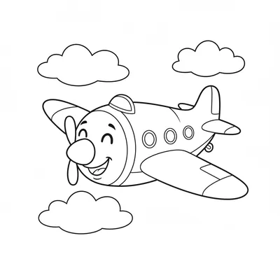 Avion Heureux Sautillant au-dessus des Nuages Duveteux Coloriage