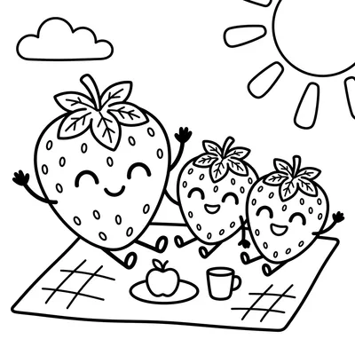 Pagina da colorare di fragole che fanno un picnic