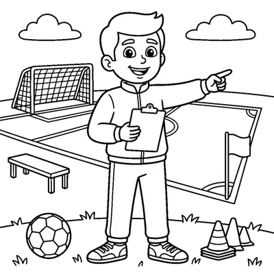 A coach with a clipboard pointing to the field