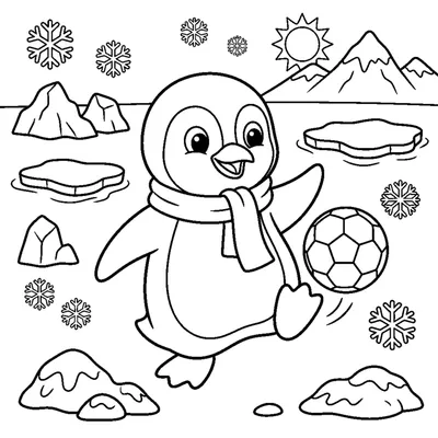 A little penguin happily kicking a soccer ball