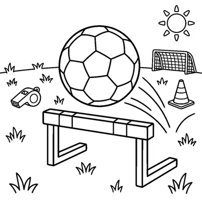 A soccer ball flying over a low training hurdle