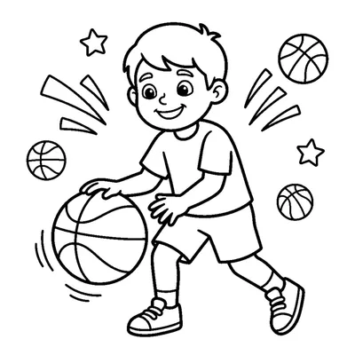 Bambino sorridente che palleggia a basket con entrambe le mani