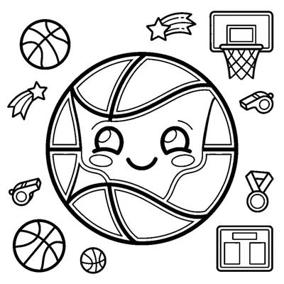 A single round basketball with curved seam lines and a cute face