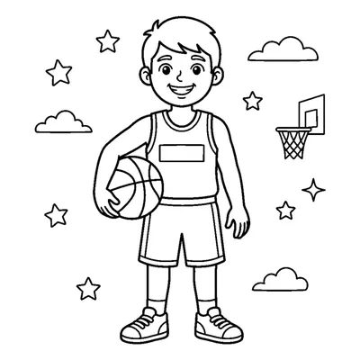 A generic player standing proudly holding a basketball on one hip
