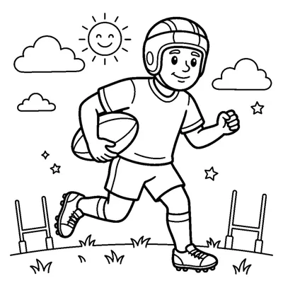 A generic smiling rugby player running while holding an oval rugby ball under one arm