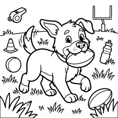 Cachorrinho com uma pequena bola de râguebi