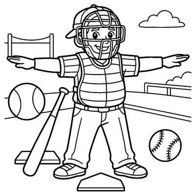 A cheerful umpire making a safe gesture with arms out