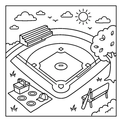 A picnic-style ballpark scene with a diamond and simple stands