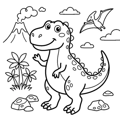 A friendly cartoon T-rex smiling and waving one tiny arm