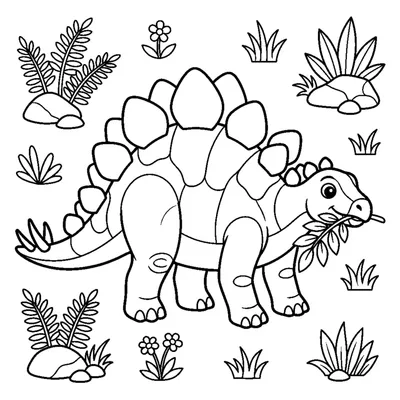 A stegosaurus with big rounded back plates chewing a leafy branch