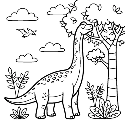 A tall brachiosaurus stretching its long neck up to a treetop