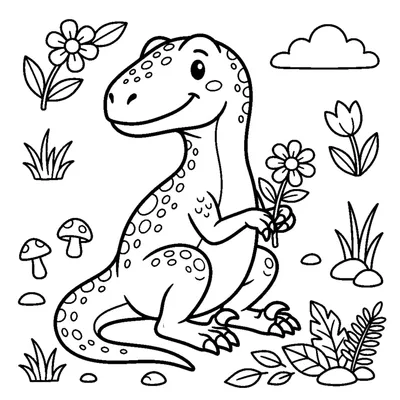 A friendly velociraptor sitting and holding a small flower