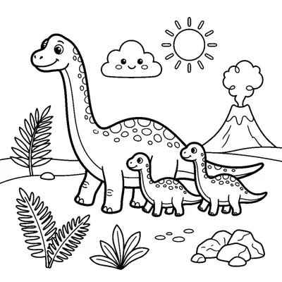 A dino family of one big and two small dinosaurs walking together