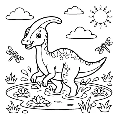 A parasaurolophus with a curved head crest splashing in a pond