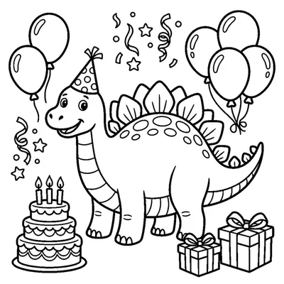 A cartoon dino wearing a tiny party hat at a birthday scene