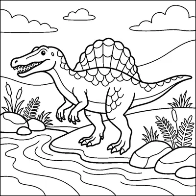 A spinosaurus with a big rounded sail on its back by a river