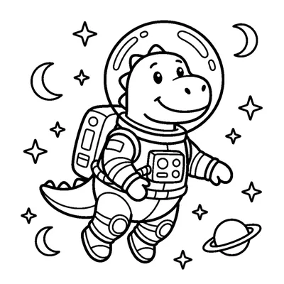 A dino astronaut in a bubble helmet floating among stars