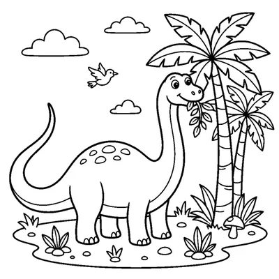 A gentle diplodocus munching leaves beside tall palm trees