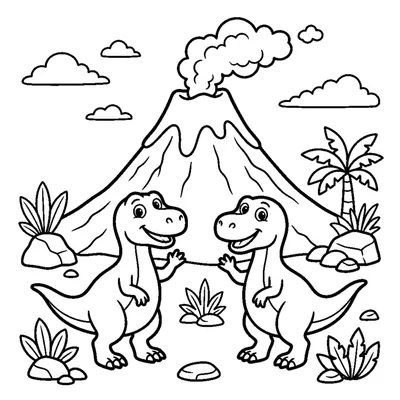 A cartoon volcano gently puffing behind two waving dinosaurs