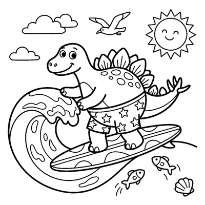 A dino surfer riding a small wave on a surfboard