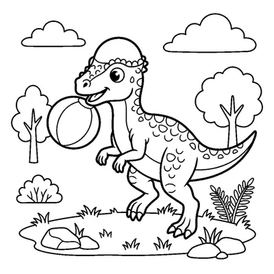 A pachycephalosaurus with a dome head bouncing a ball