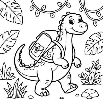 A dino wearing a backpack ready for a jungle adventure