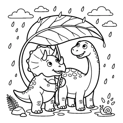 A pair of dinos sharing a giant leaf like an umbrella in the rain