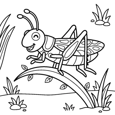 A grinning grasshopper mid-hop over a blade of grass
