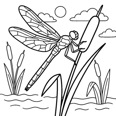 A slender dragonfly with delicate wings perched on a cattail reed