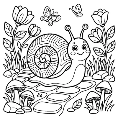Simpatica lumaca con guscio a spirale su un sentiero