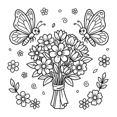 A pair of butterflies fluttering together around a flower bouquet