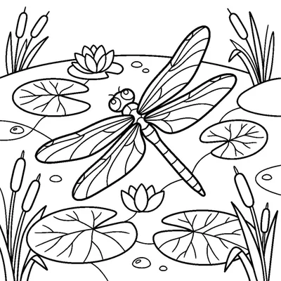 A dragonfly skimming over lily pads on a pond