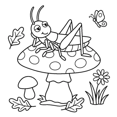 A grasshopper reading nothing but simply lounging on a mushroom cap