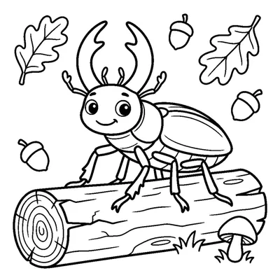 A cute stag beetle with rounded friendly pincers standing on a log