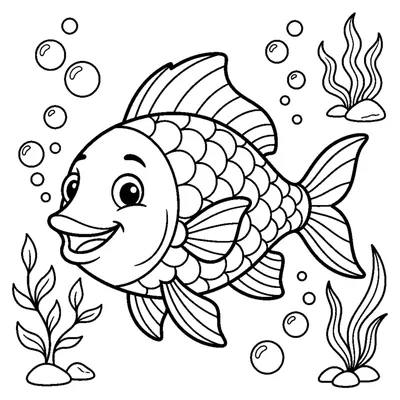 A smiling fish with big round scales swimming among rising bubbles