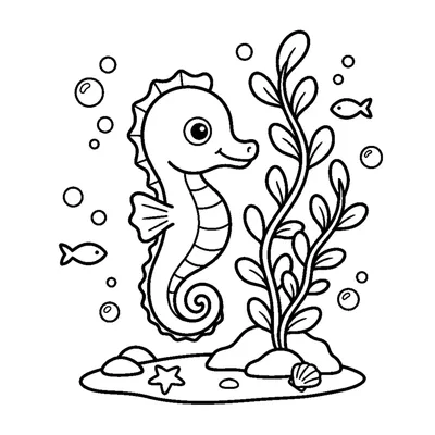 A tiny seahorse with a curled tail floating beside tall seaweed