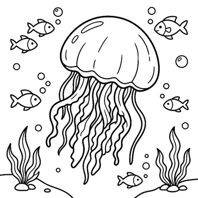 A round jellyfish with wavy dangling tentacles drifting upward