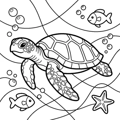 A slow sea turtle with a patterned shell paddling through water