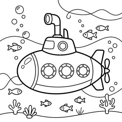 A small rounded submarine with round porthole windows and bubbles